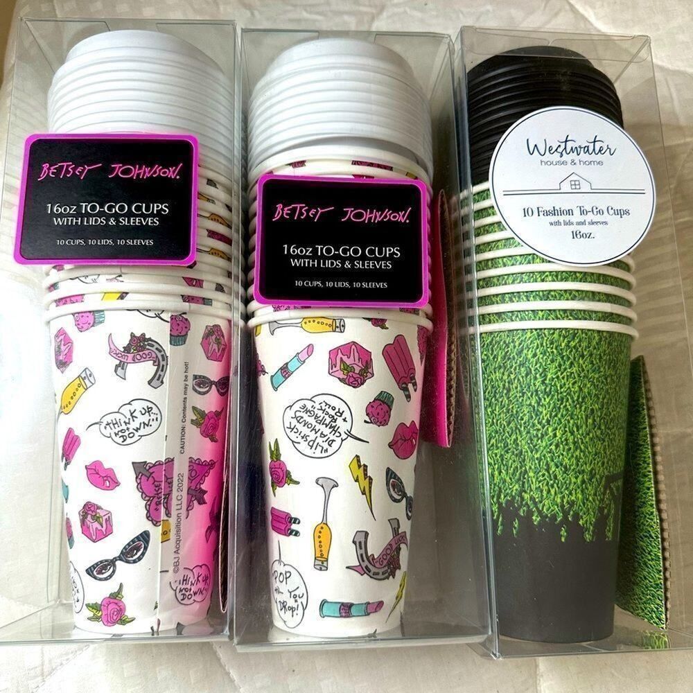 NWT (3) Sets Betsey Johnson To-Go Coffee Cups
10 count with sleeves and lids.